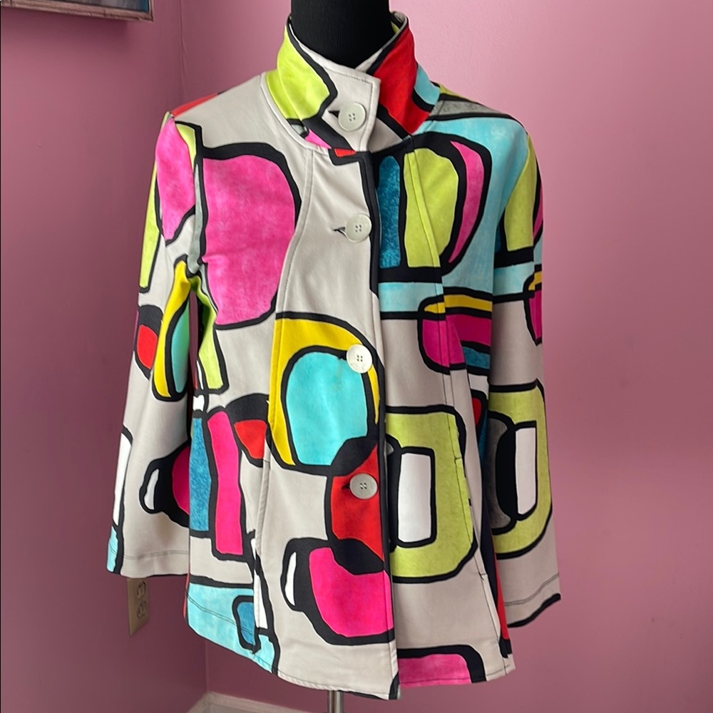 Pink and Yellow Geometric Blazer with Retro Flair